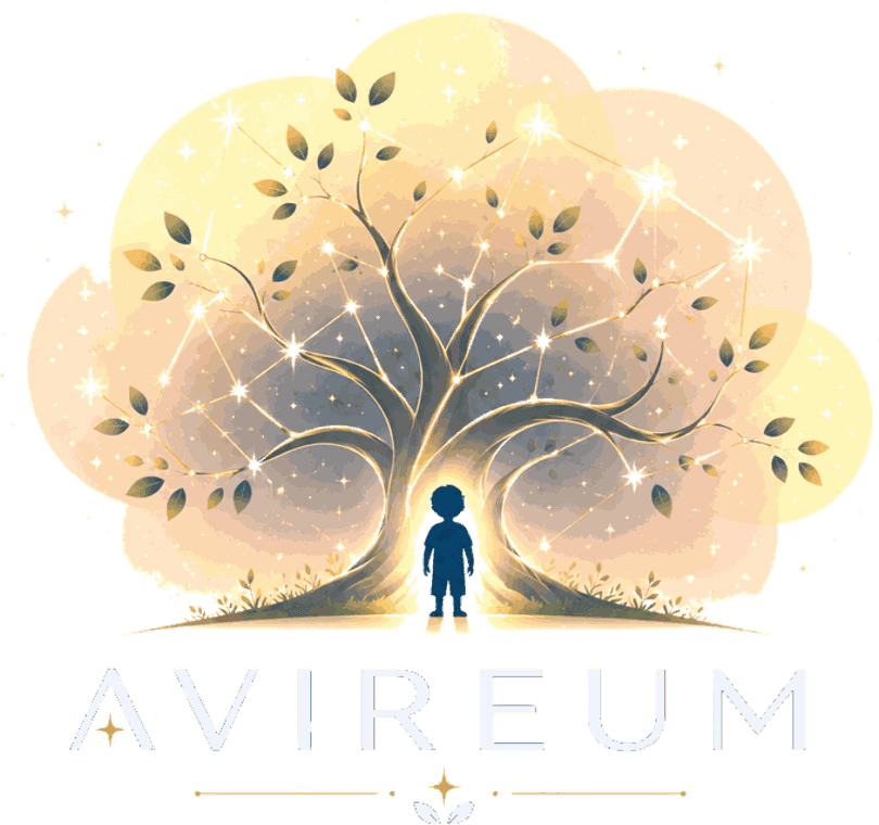 Avireum, a watercolor illustration of a family tree with stylized figures as leaves and a child standing at the base